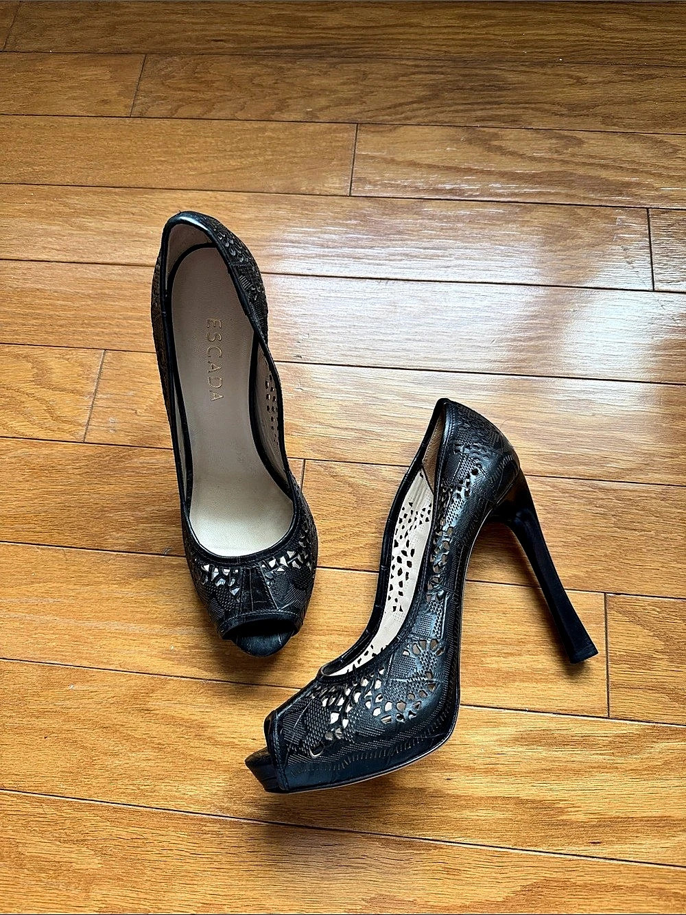 Escada Black Lace Detail Peep-Toe Heels